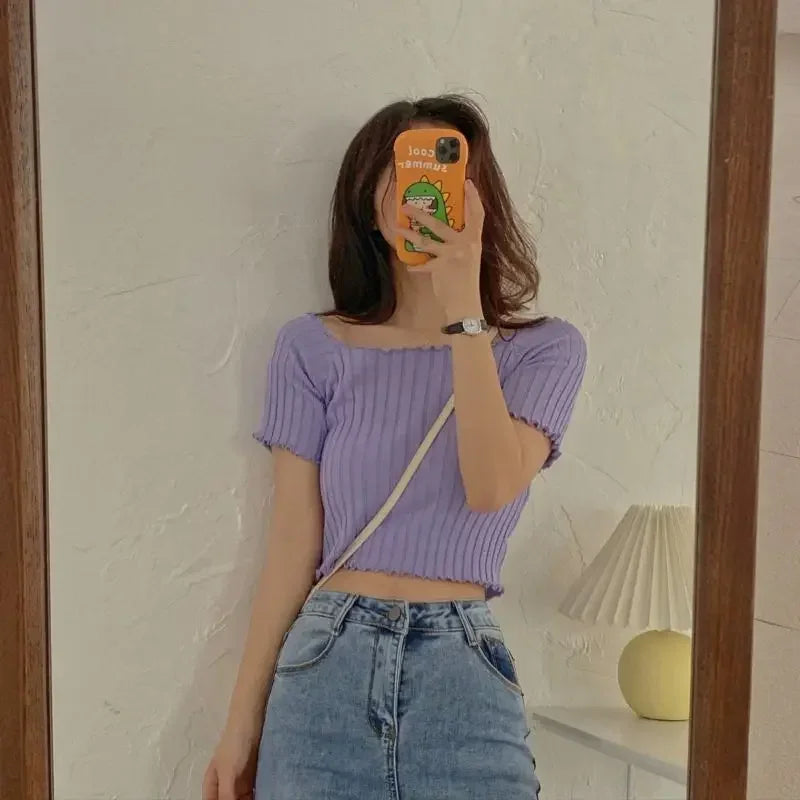 Off The Shoulder Top Women Knitted Sexy Short Sleeve Slim Fit T-Shirts Crop Top Y2k Top Summer Clothes Korean Casual Tees Female