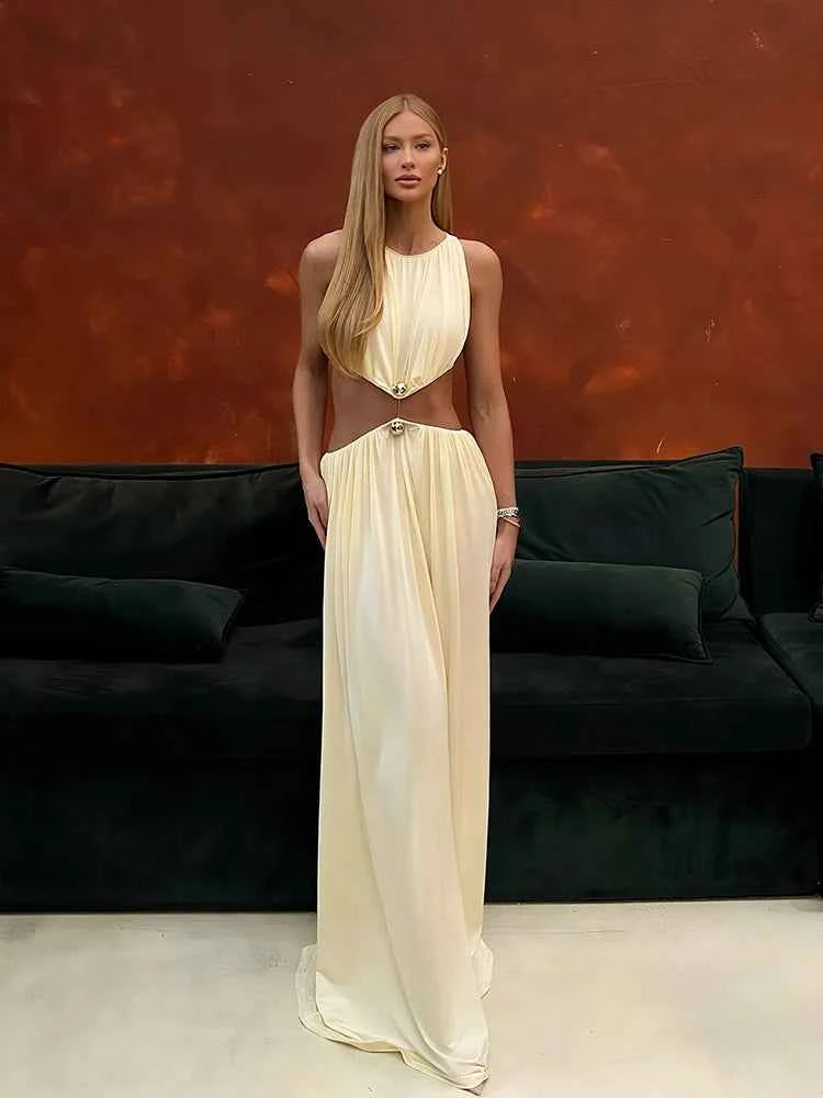 Sisterlinda Metal Patchwork Waistless Long Dresses Women o-Neck Sleeveless Summer Vacation Y2K Style Ruched Elegant Vestidos