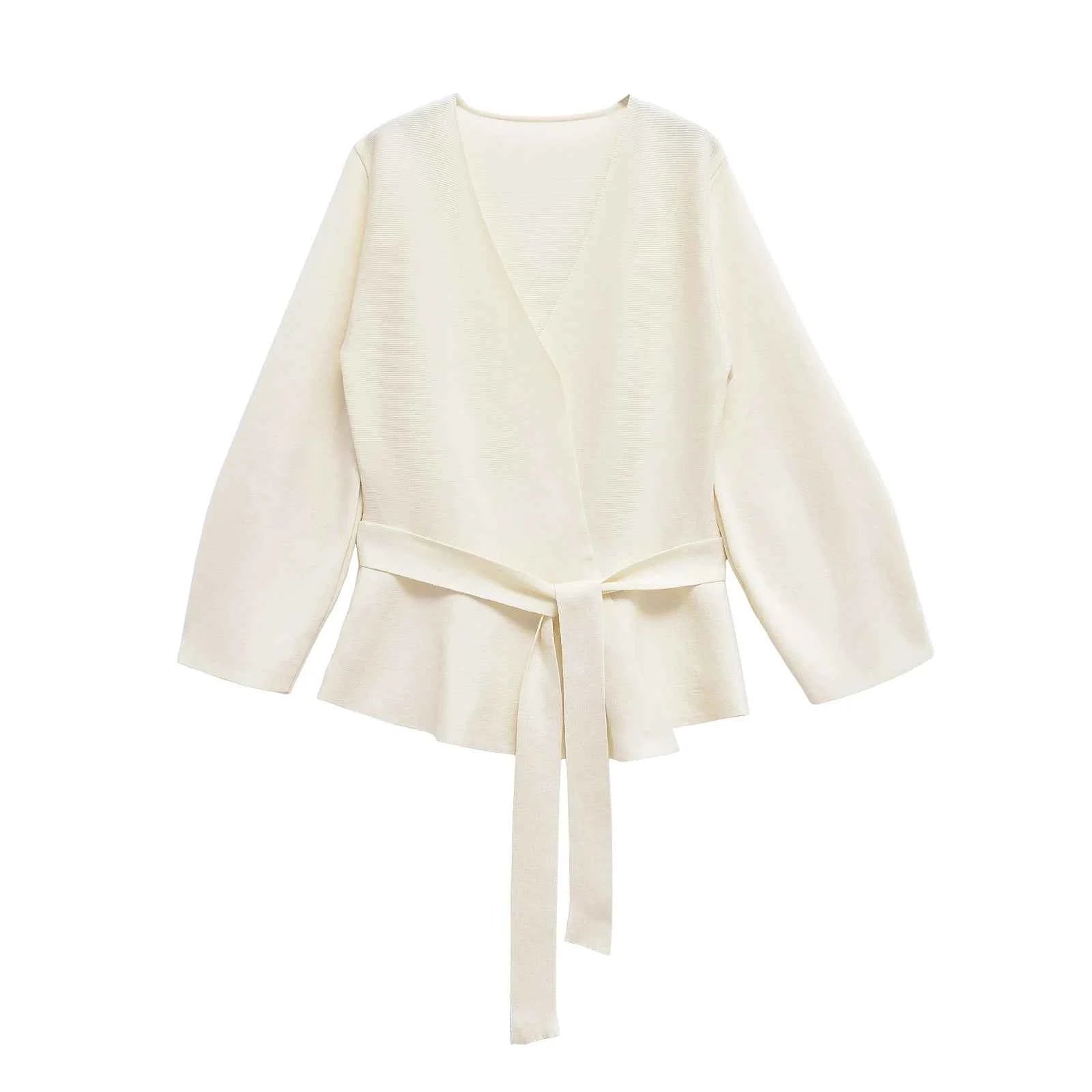 Spring Women Shoulder Pad Belt Knit Blazer Women Retro V-neck Long Sleeve Versatile Female Coat Women Clothes 9598/128