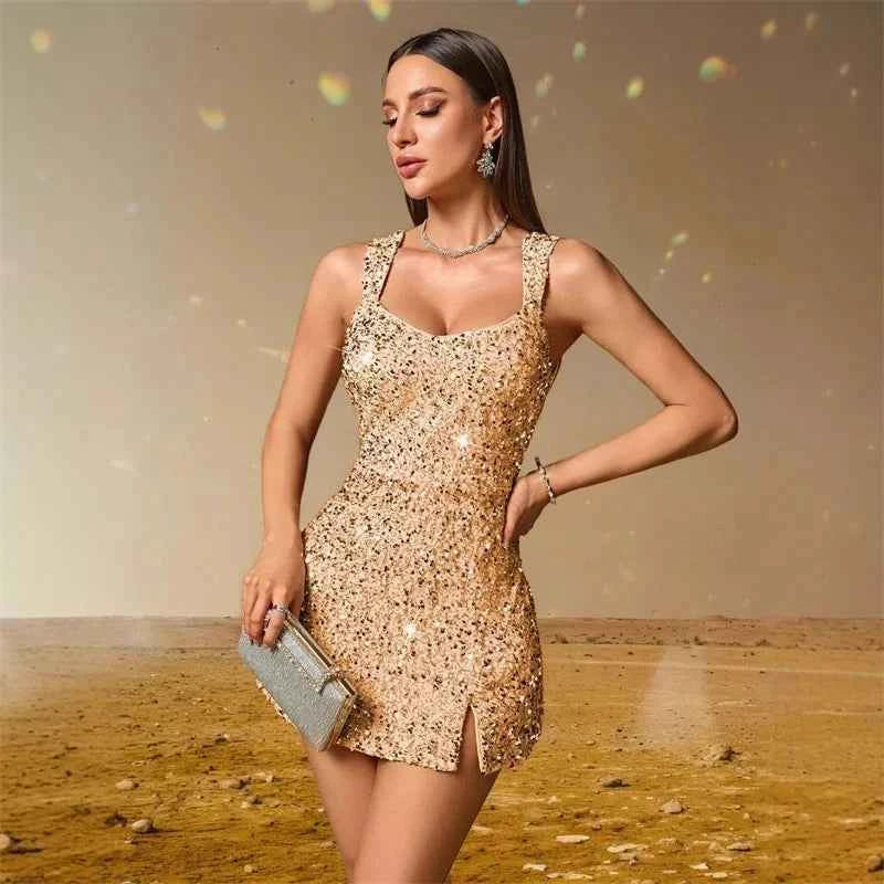 Women Low Slit Dresses Summer Shiny Sequins Evening Dress Sexy Elegant Party Dresses Cocktail Short Birthday Prom Dresses XSY225