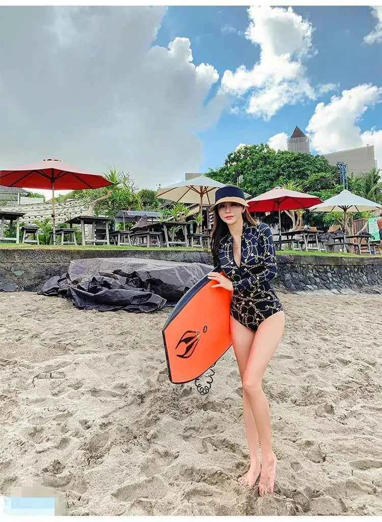 Style Diving Sun Protection Long-sleeved One-piece Ins Slimming Belly-covering Conservative Swimsuit for Women Jellyfish Suit