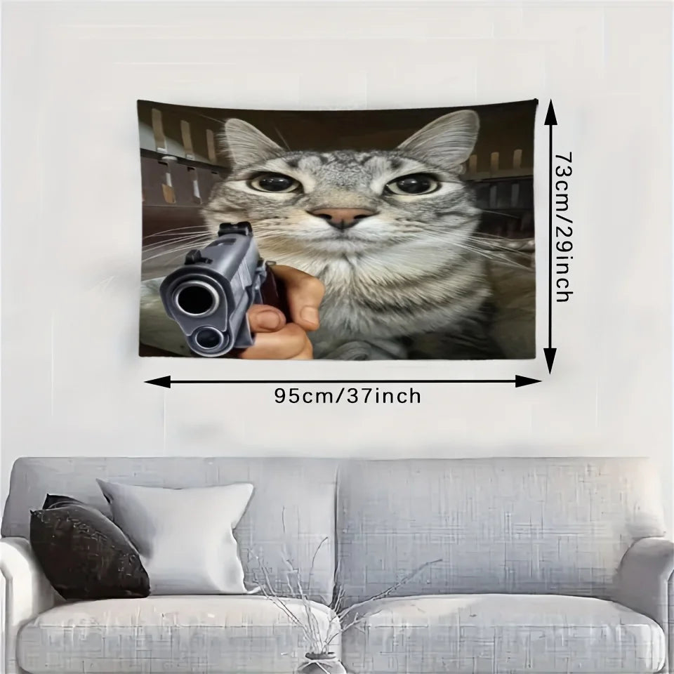 VIKAMA Whimsical Cat with Gun Wall Hanging Art Home Decor Tapestry Suitable for Living Room Bedroom Home Decor