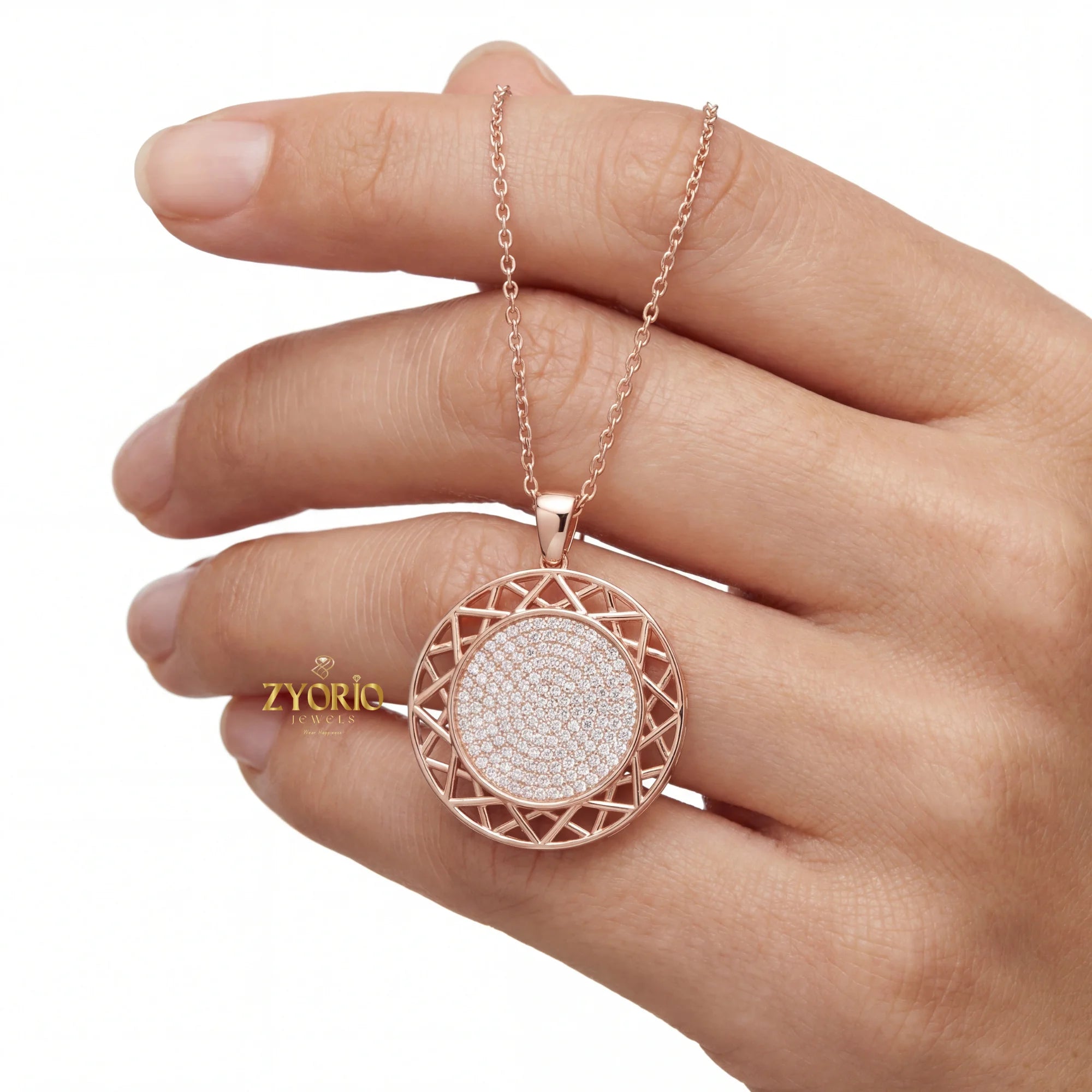 Rose Gold Geometric Openwork Diamond Pendant Necklace Sterling Silver Link Gold Luxury Elegant Modern Engagement Wedding Jewelry
