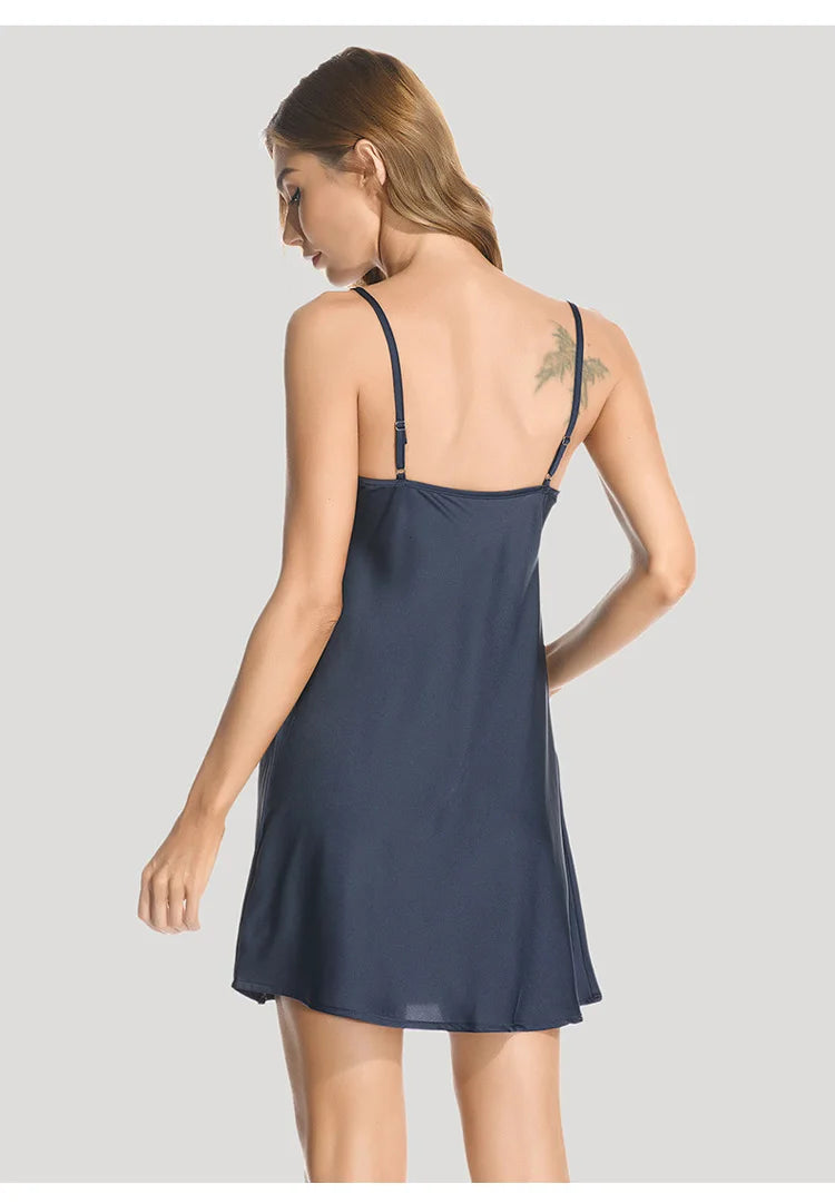 Meet'r Women Summer Sleepwear Sexy Deep V Imitation Silk Nightdress Solid Color Sling Ice Silk Home Clothes Satin Nightgown