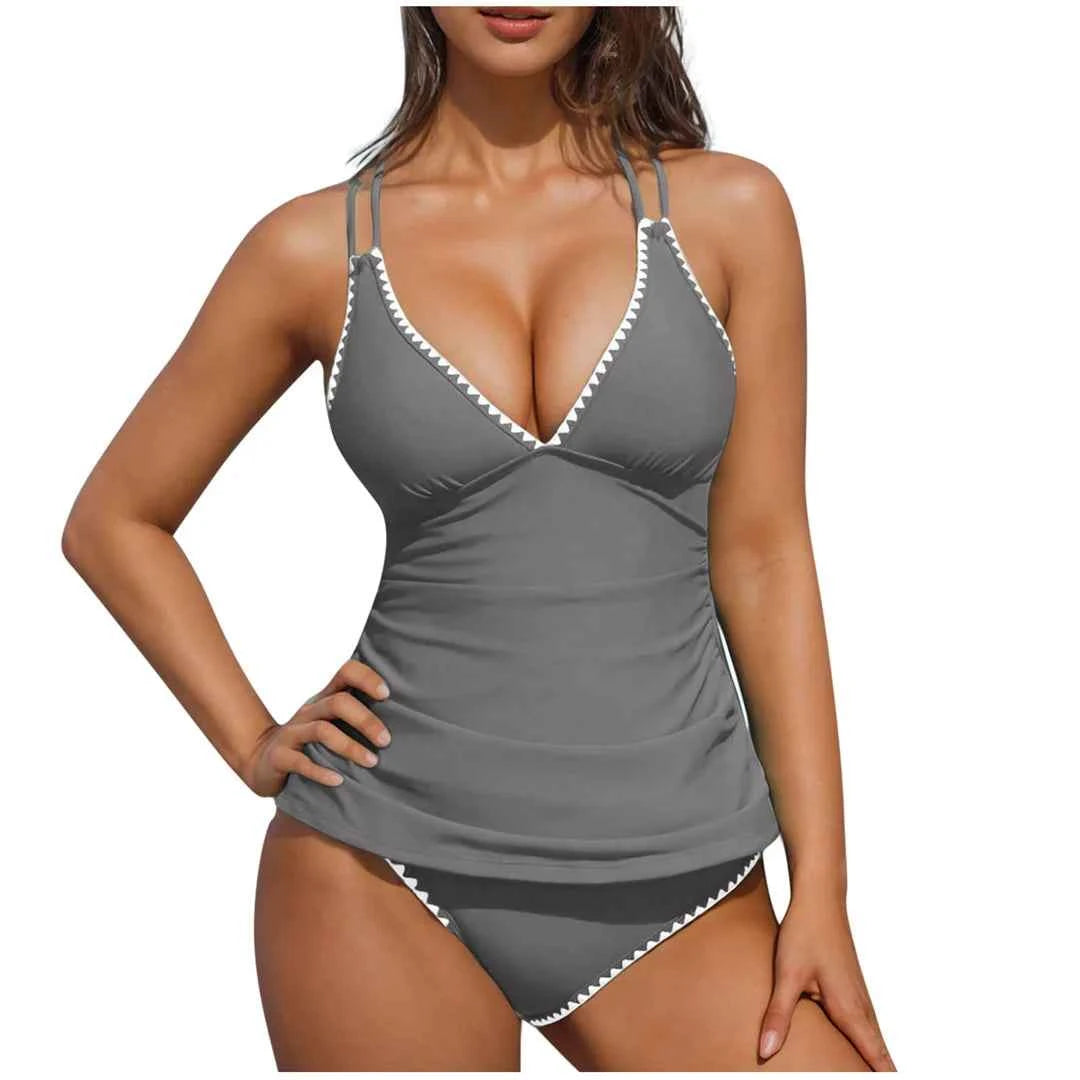 S - XXL New 10 Colors V Neck Tankini Bikini Women Swimwear Female Swimsuit Two-pieces Bikini set Bather Bathing Suit Swim K6770