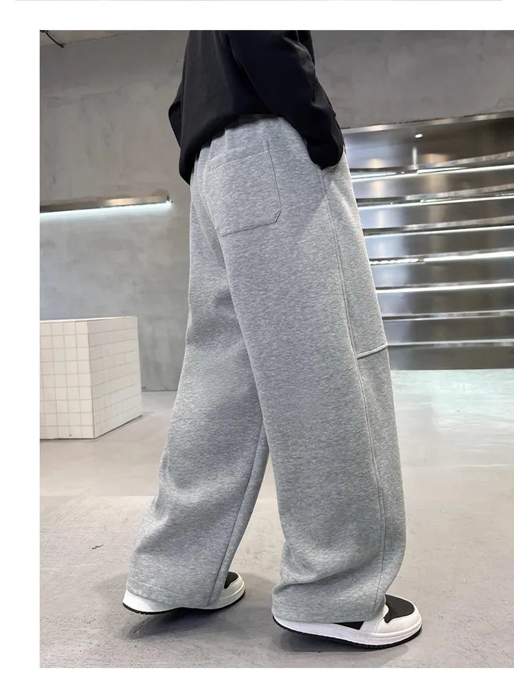 2026 New Spring Casual Kids Pants Black Elastic Waist Straight Leg Sweatpants for Boys Loose Pocket Children Trousers