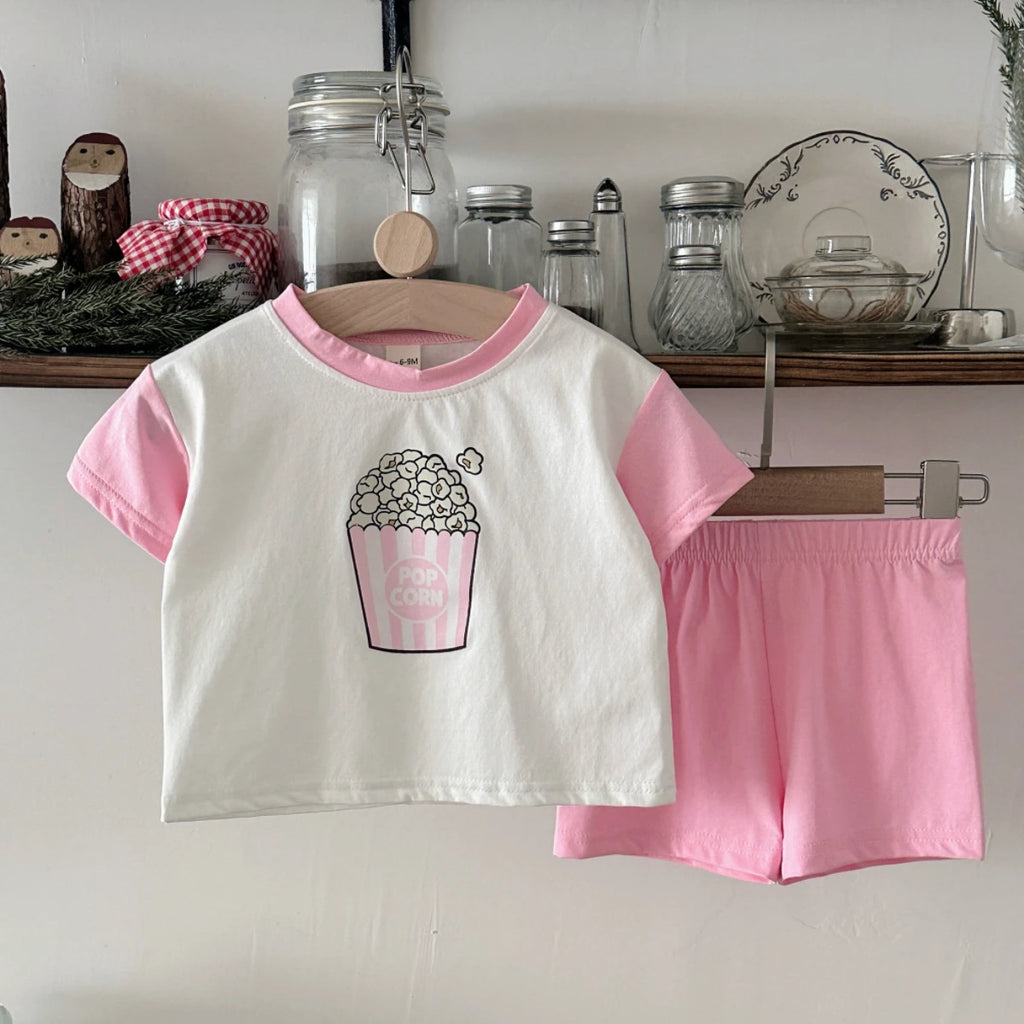 Infant 2PCS Summer Baby Girls Clothing Casual Newborn Set Cotton Popcorn Printed Short Sleeved T-shirt+Shorts