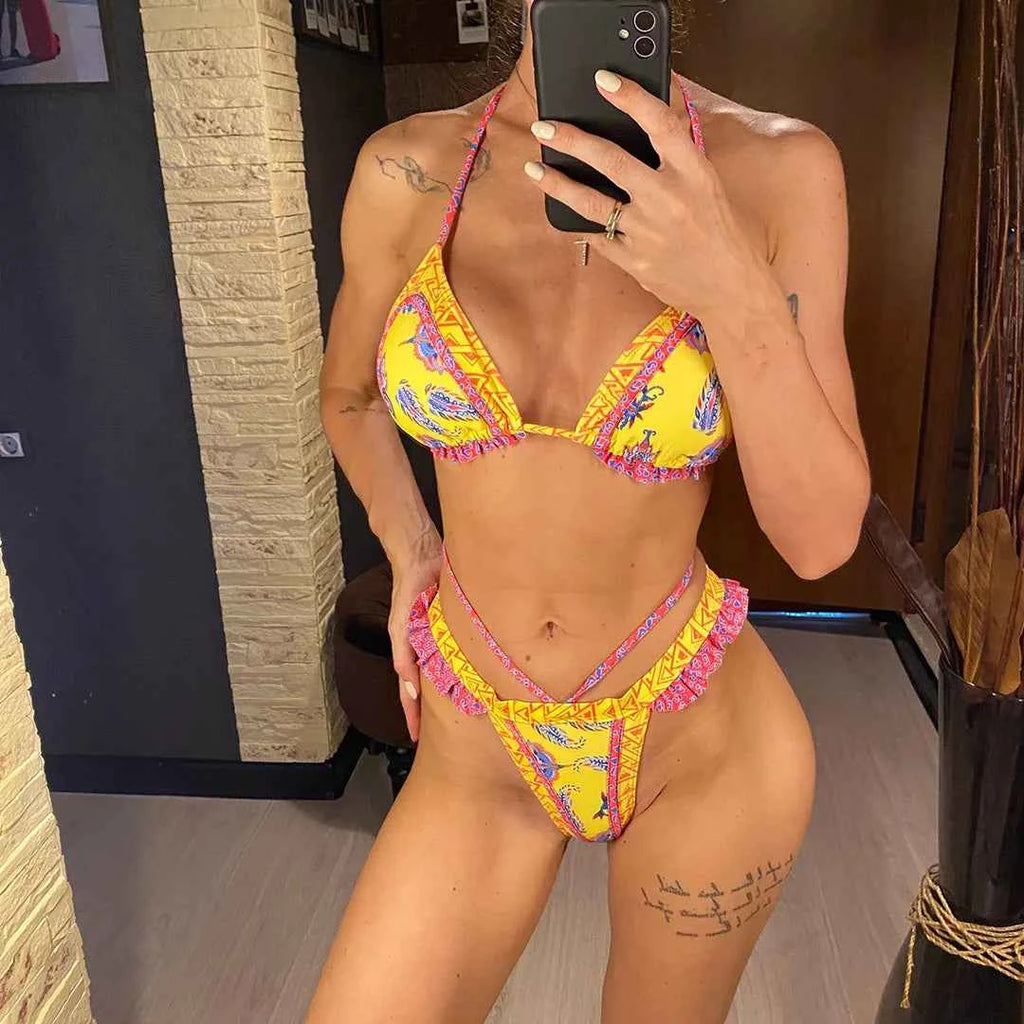 5 Colors Sexy Printed Halter Frilled Bikini Women Swimwear Female Swimsuit Two-pieces Bikini set Bather Bathing Suit Swim V4651