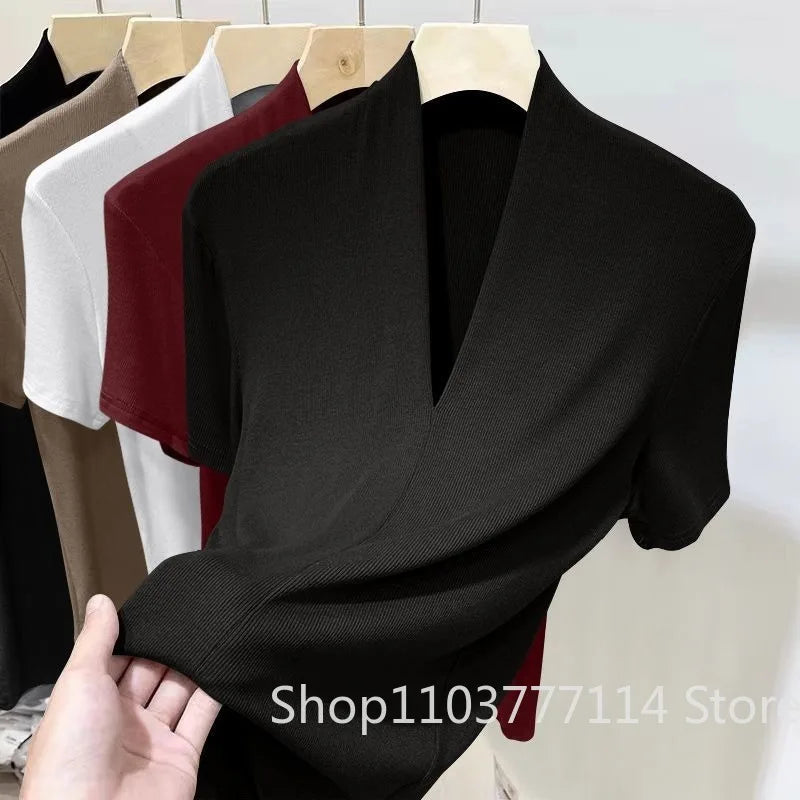 Summer Threaded Women's Short-sleeved T-shirt Fashion Versatile Base Shirt Plus Size Slim Fit V-neck T-shirt Casual and Sexy Top