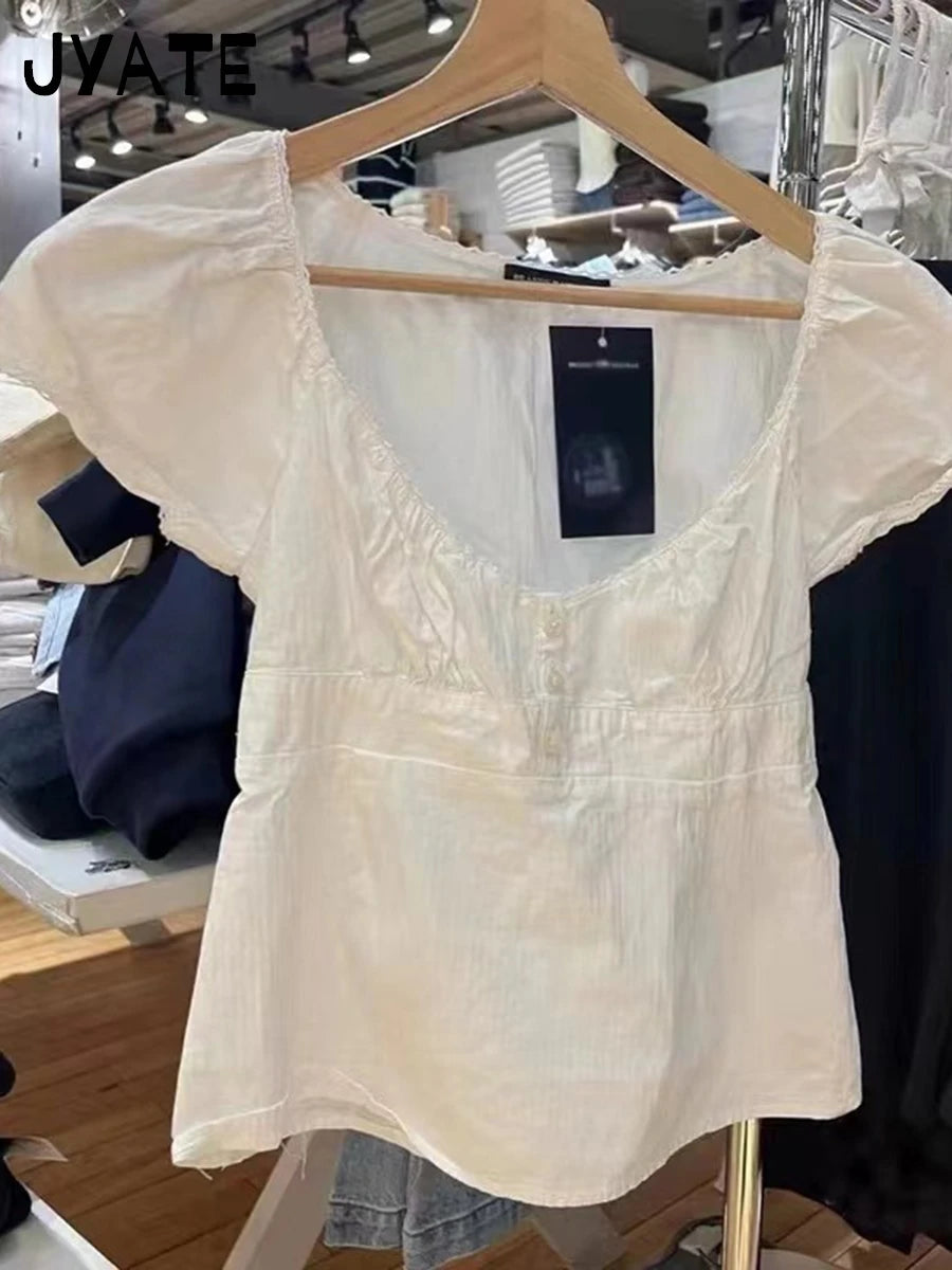 White Striped V-neck Buttons T-shirts Women New Casual Cotton Lace Trim Sexy Crop Tops Sweet Cute Preppy Style Blouse Tees Y2K