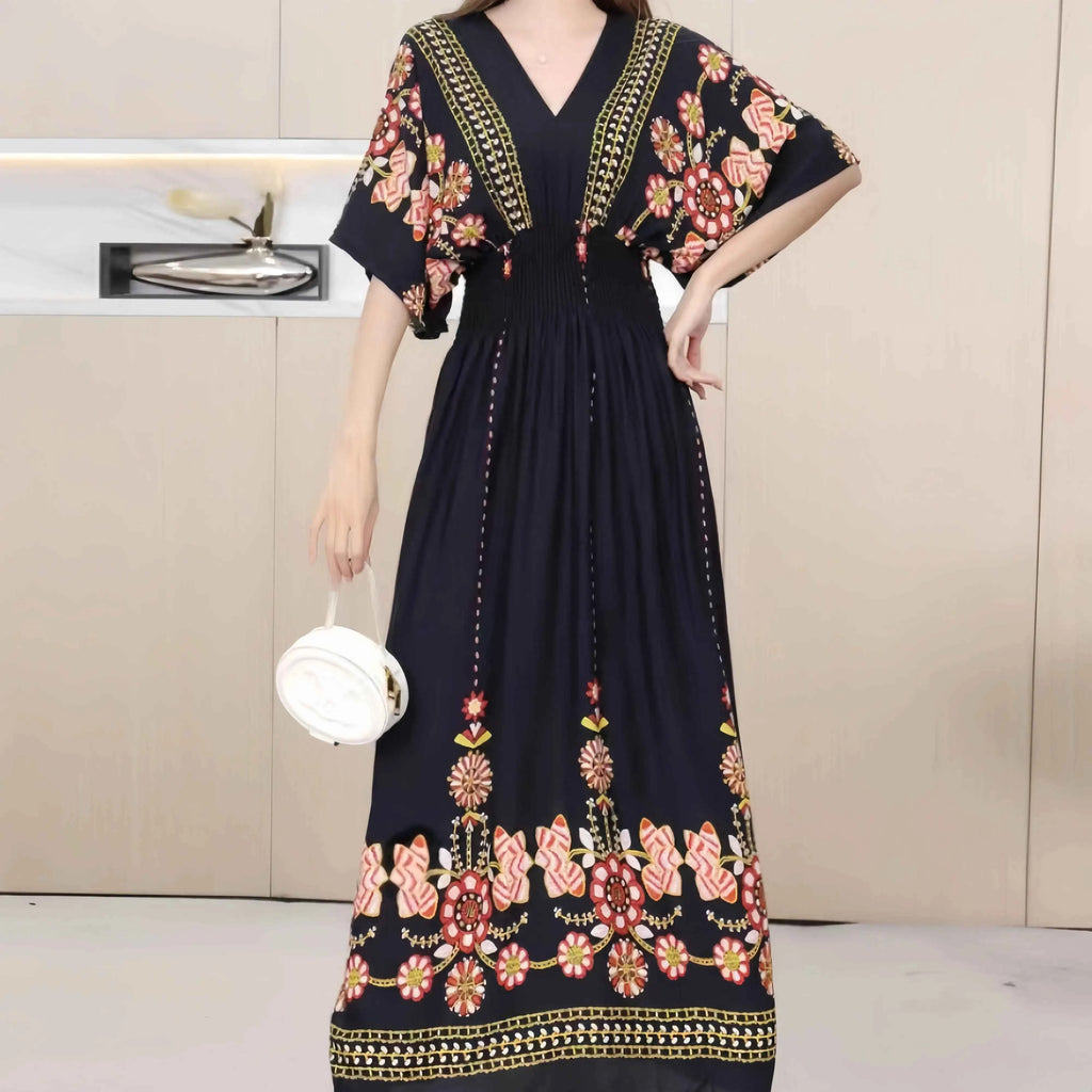 Colorful Flower V-neck Elastic Youthful Bohemian Sweet Midi Dress Woman Clothes Chic Fashion Summer Dresses 2025 Large Swing Ski