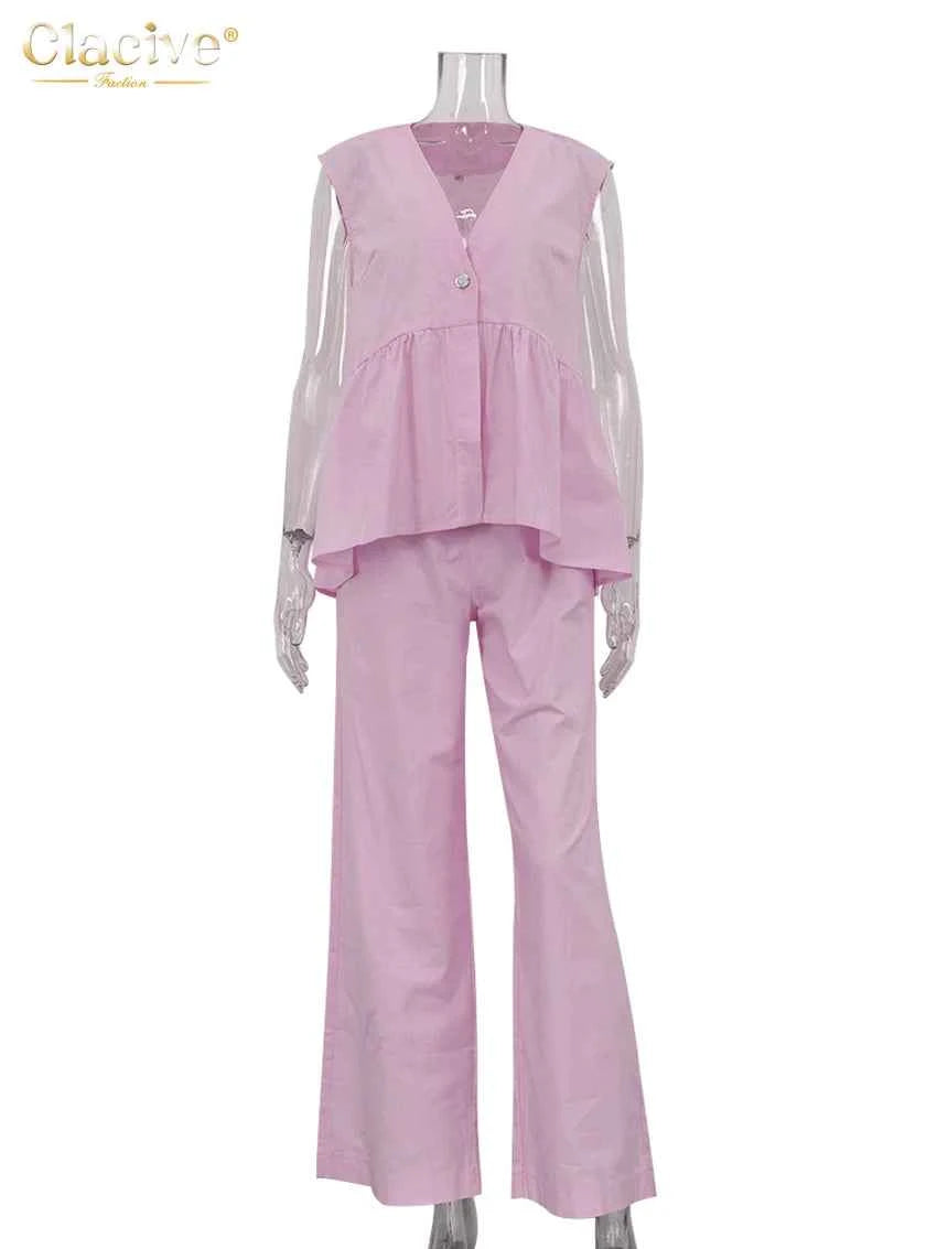 Clacive Summer Loose Pink Cotton 2 Piece Set Women Outfit 2025 Fashion Sleeveless Tank Top With High Waist Wide Pants Set Female