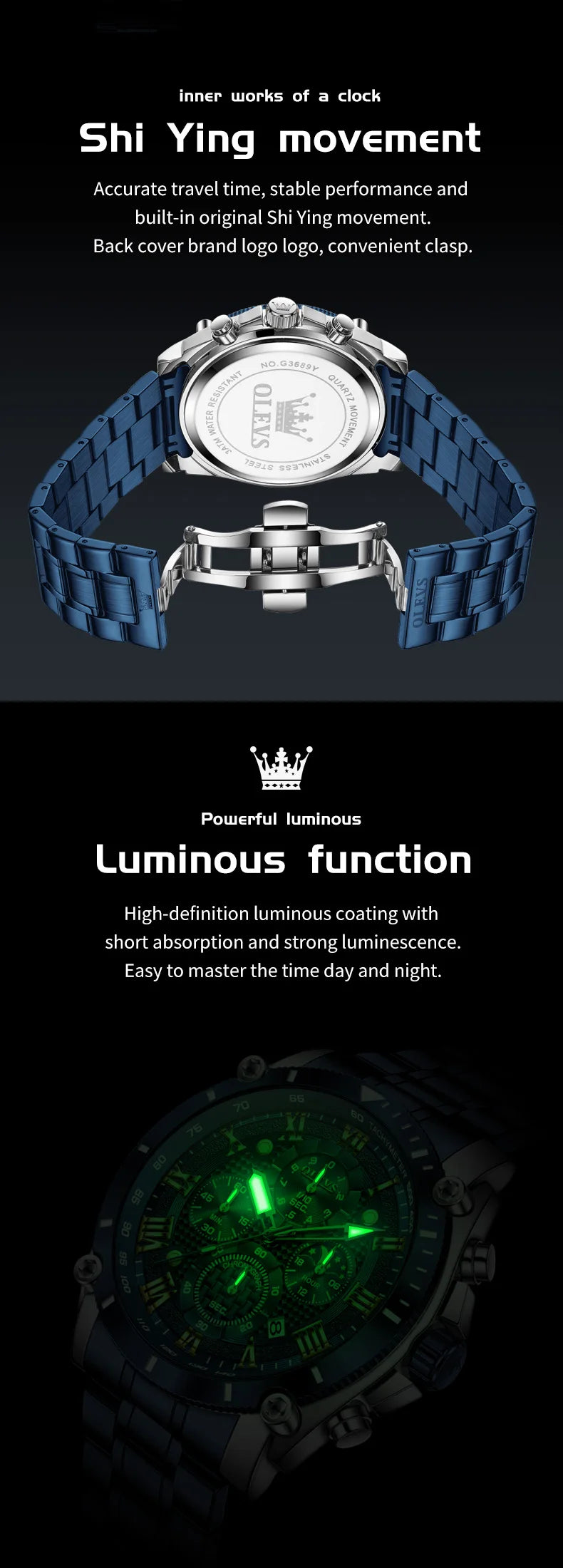 OLEVS Watches Man 3689 Multifunctional Sports Quartz Watch 30m Waterproof Luminous Date Mens Watch Original Business Brand