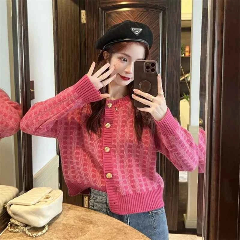 Y2k Pink Women Cardigan Korean Sweet Plaid Long Sleeve Female Sweaters Harajuku New O Neck Preppy Style Ladies Tops