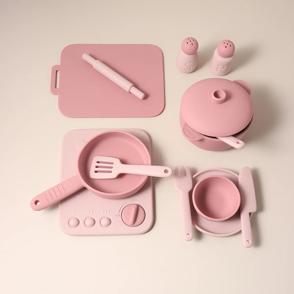 Kids Pretend Play Kitchen Toys, Food-Grade Silicone Dish Set, Realistic Mini Cooking Toys with Bowls, Plates, Pots for Toddlers
