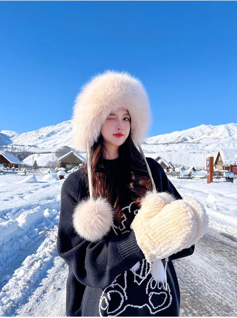 Winter Women Real Fox Fur Hat Fashion Casual Outdoor Warm Knitted Hats Girl Lovely 100% Natural Fox Fur Ear cap bomber caps