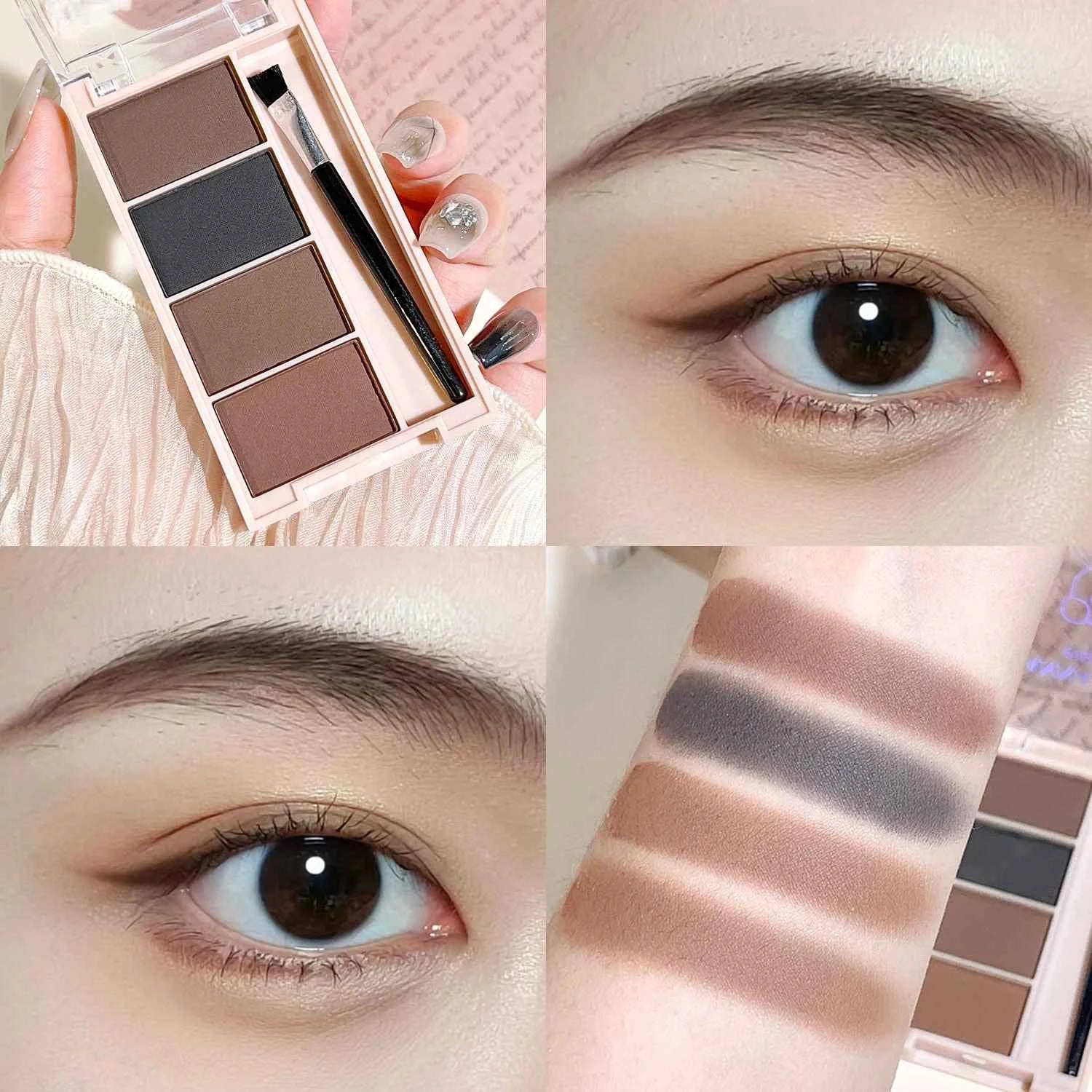 A set of 4-color eyebrow powder trays with brushes in gray and brown matte tones for long-lasting color rendering, filling and s