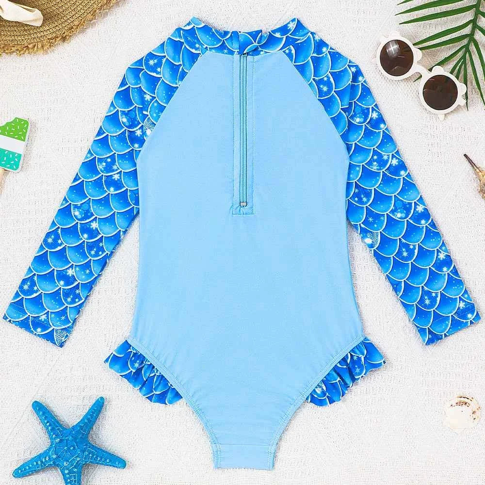 Baby Toddler Girl Long Sleeve Ruffle Swimsuit Lovely Cartoon Mermaid Princess Bathing Suit Summer Swim Costume for Surfing