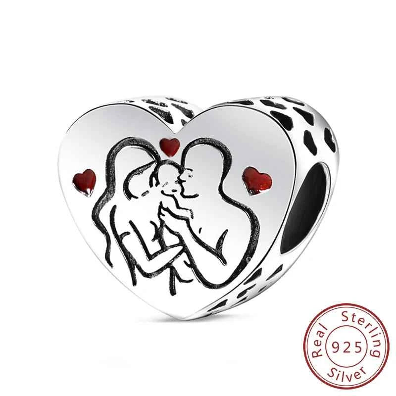 Original 925 Sterling Silver Charm Bead Mother's Day Love Heart Family Charm Bead Pendant Fits Bracelet Womens Jewelry Gifts