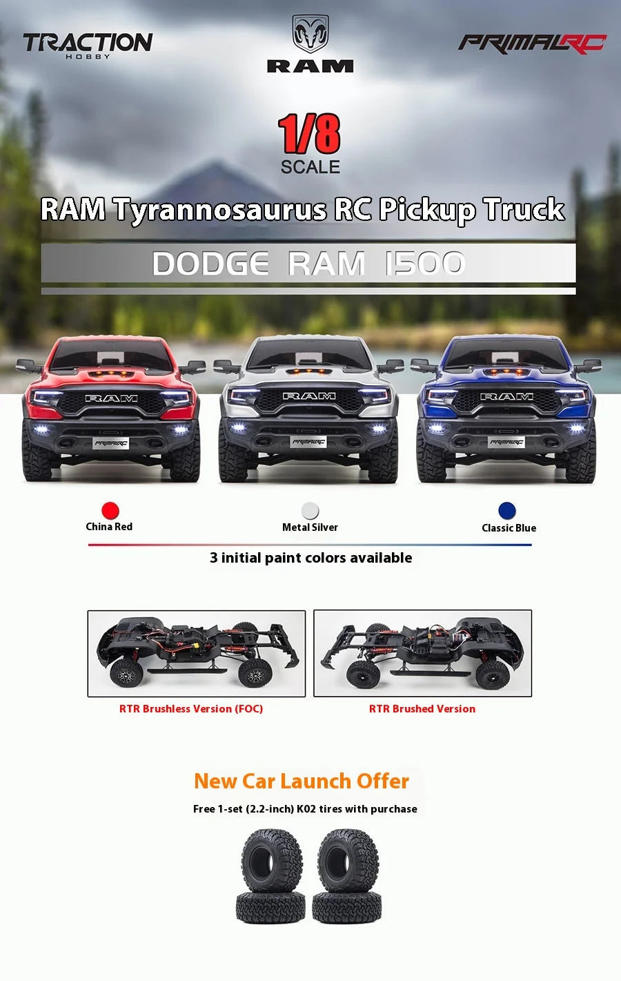 KM Thunder Dodge Tyrannosaurus RAM 1500 Simulation 1/8 Remote Control Electric 4WD Climbing Vehicle Pickup Off road Vehicle