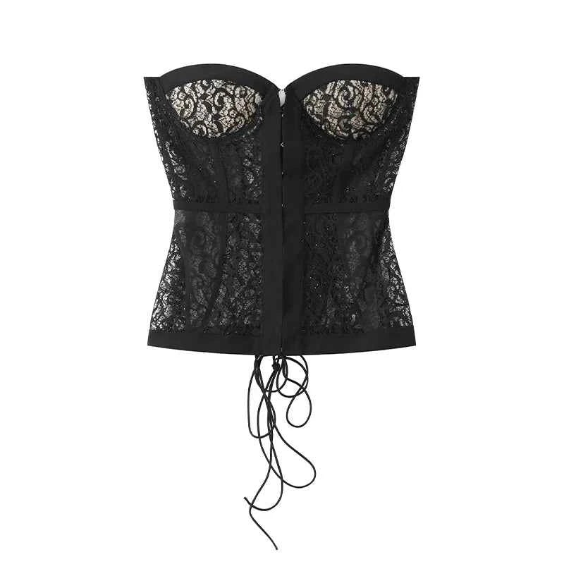 Sexy Women Black Lace Corset Vest Fashion See Through Hollow Out Strapless Top Chic Autumn 2025 New Party Lady High Street Vests