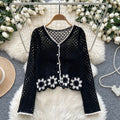 Floral Crochet Top Long Sleeve Sheer Open Knit Button Up Crop Blouse Women Teengirl Spring Summer Fairycore Boho Vacation Outfit
