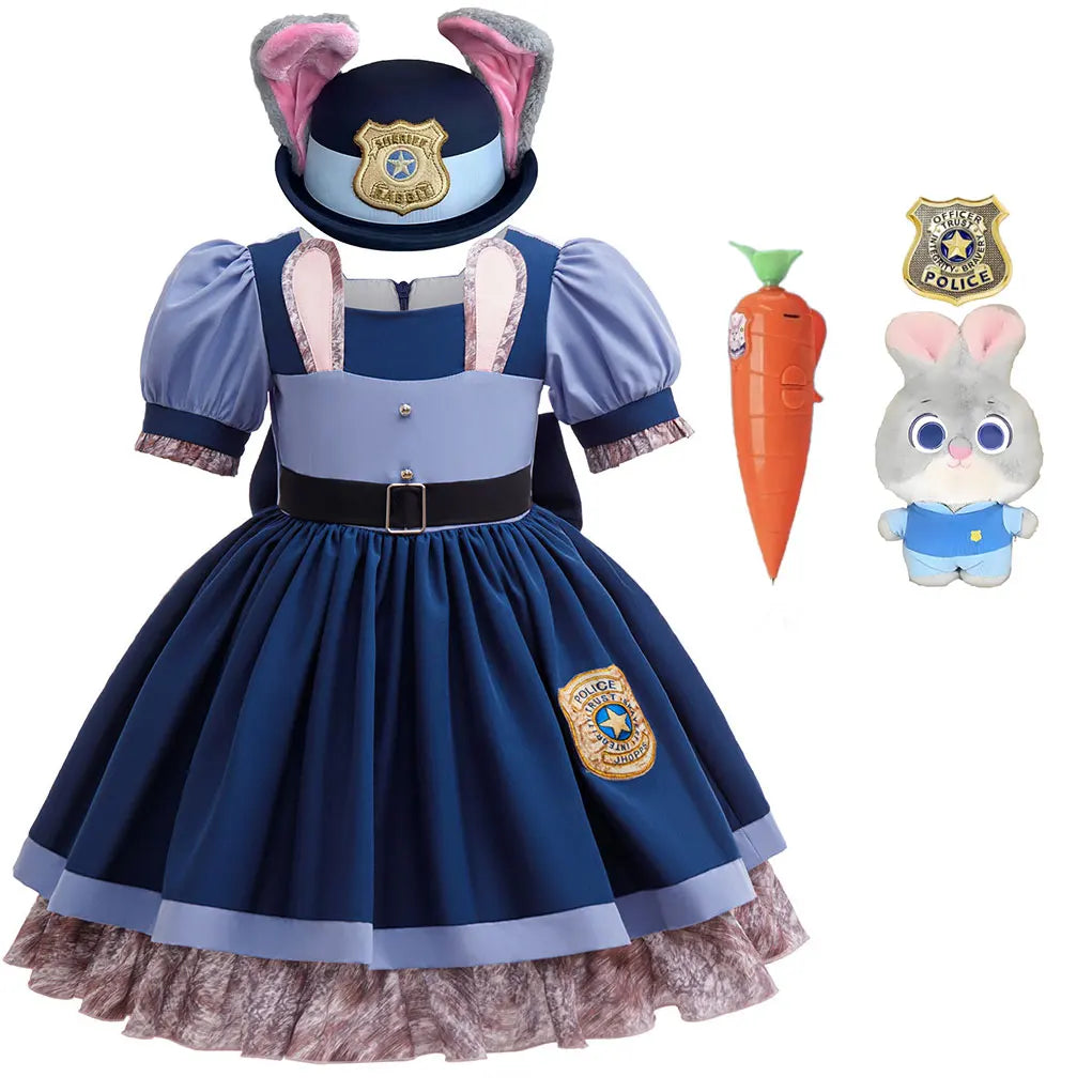 Disney Girls Cosplay Zootopia 2 Police Officer Judy Bunny Dress For Kids Holiday Party Cute Dress With Accessories Fancy Set