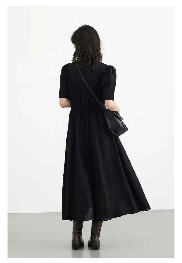CHIC VEN Women Dresses French Style Vintage V-neck Puff Sleeve Long Dress Solid Black Loose Female Clothing Summer New 2023