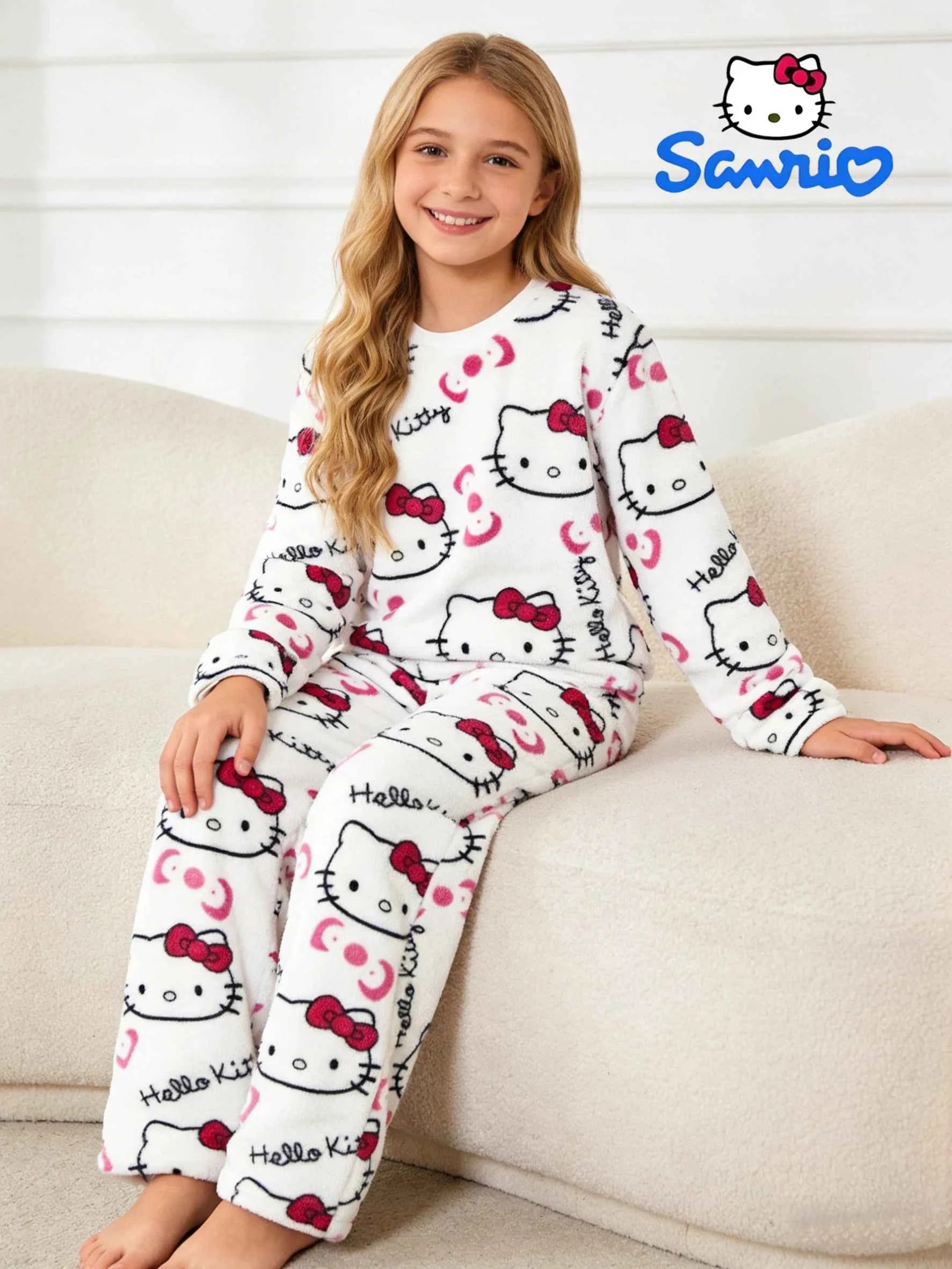 Sanrio girls' sleepwear and pants set for autumn and winter, Hello Kitty long sleeved pants with thick suede for home wear.