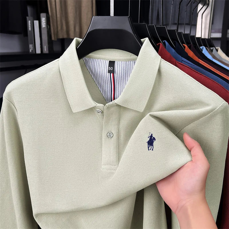 100% cotton high-end brand long sleeve polo shirt new Paul pony embroidery luxury comfort men's business leisure lapel T-shirt