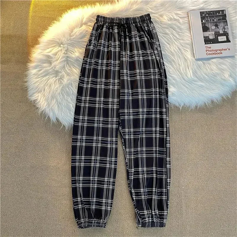 2024 New Fashion Casual Pants for Women Korean Loose Black Plaid Summer Harajuku Harem Long Pants Streetwear Trousers Chic