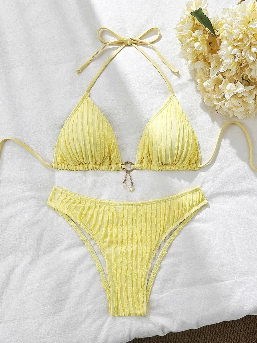 Sexy Wrinkled Halter Brazilian Bikini Women Swimwear Female Swimsuit Two-pieces Bikini Set High Cut Bathing Suit Swim Beach Wear