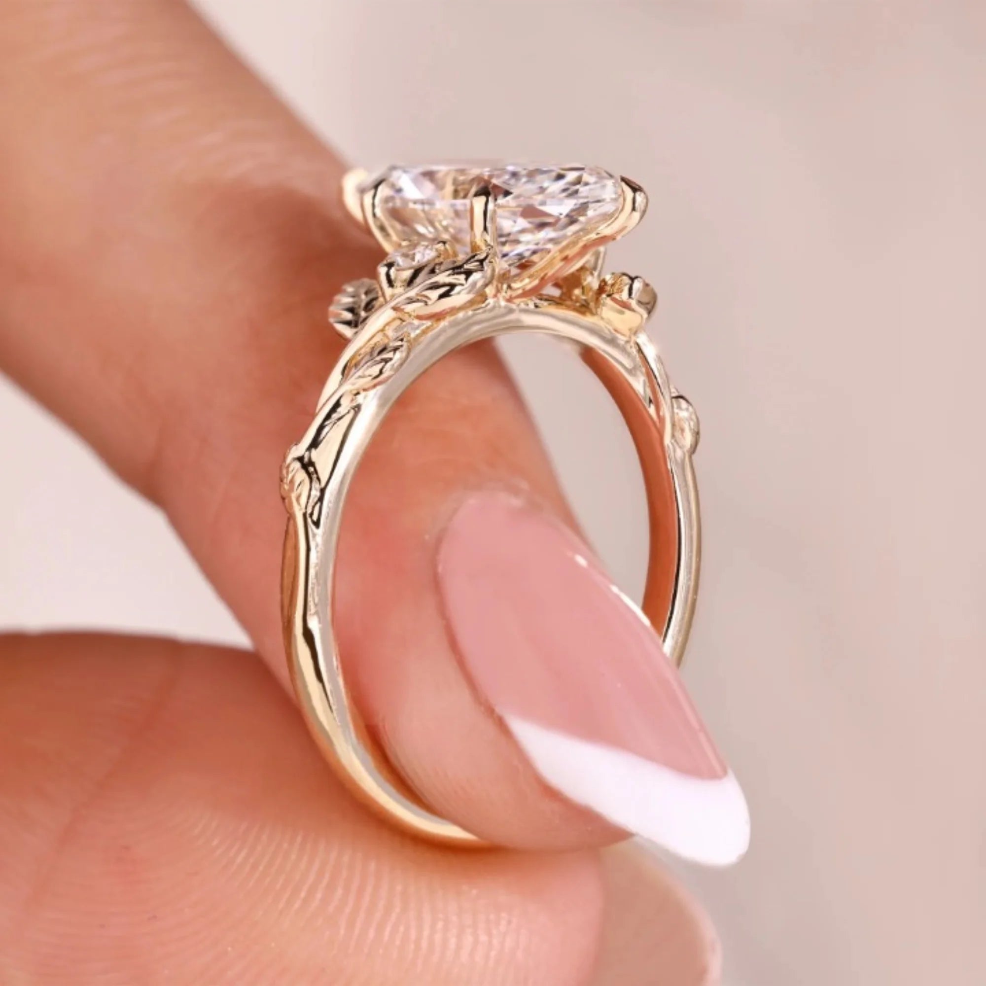 Three Stone Nature Inspired Marquise Cut Diamond Engagement Wedding Ring 2.06 Carat Lab-Grown Gold Plated