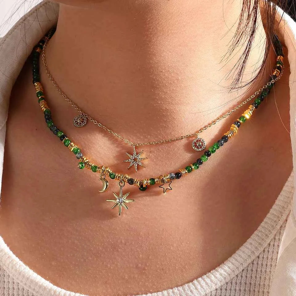 ZAKOL Vintage Bohemian Style Stone Beads Necklace for Women Charm Mang Star Pendant Stacked Clavicle Chain Fashion Jewelry Gifts