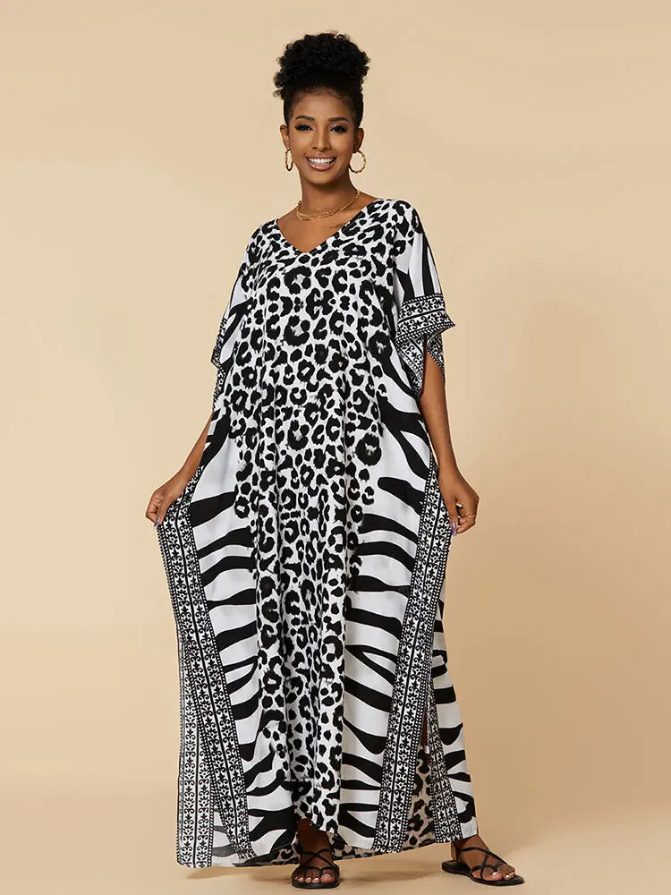EDOLYNSA 2023 Bohemian Printed Loose Kaftan Casual Summer Vacation Maxi Dress Women Clothing Beach Wear Swim Suit Cover Up Q1469