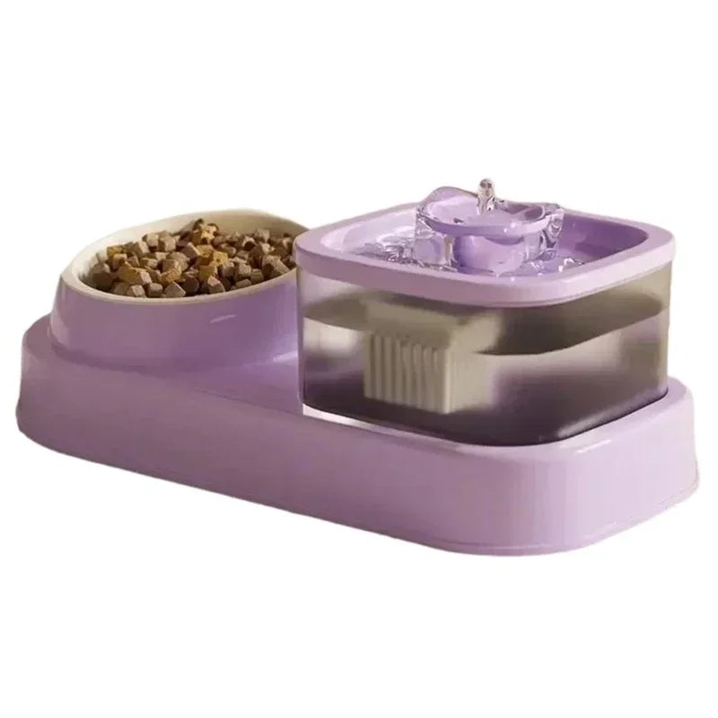 for Purple Color Cat Water Fountain Bowl with Food Dish – 2-in-1 Feeder