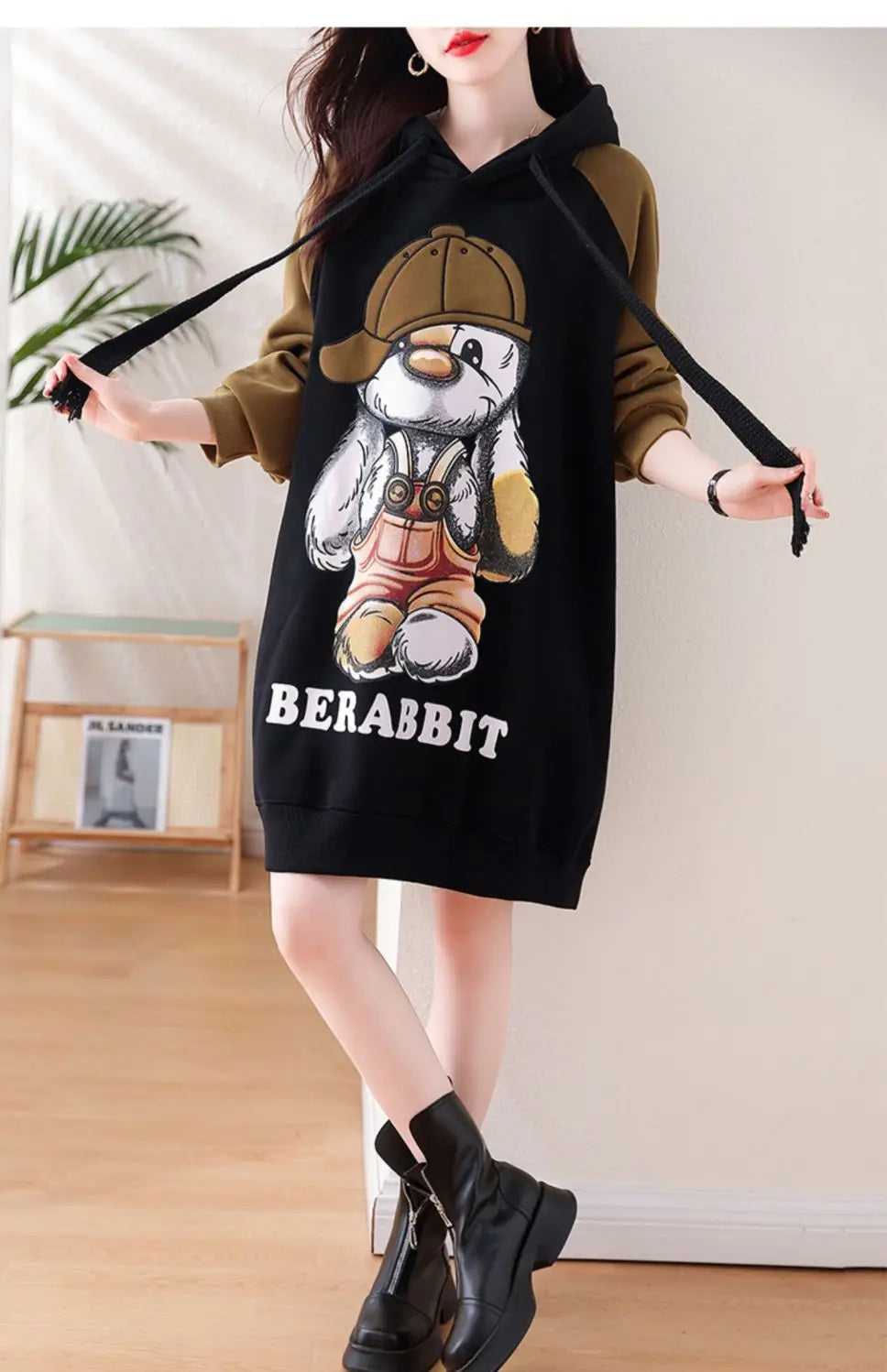 Winter Women Clothing Oversized Cartoon Fleece Dress New Hooded Drawstring Thicken Warm Female Casual Midi Long Sleeve Dresses