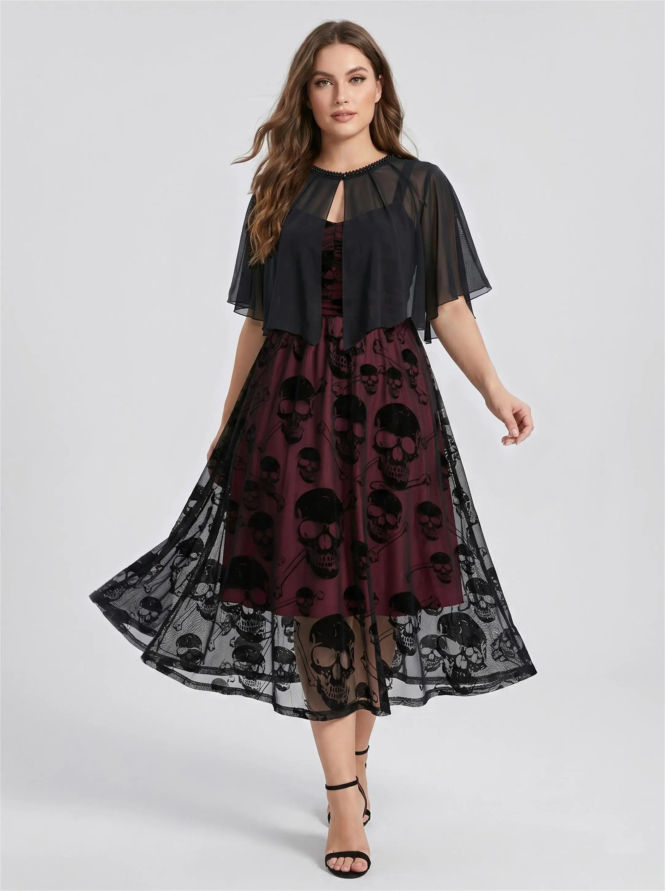 Plus Size Women's Casual Dresses Skull Flocking Mesh Ruched Tank Dress With Lace Trim Button Cover Cape