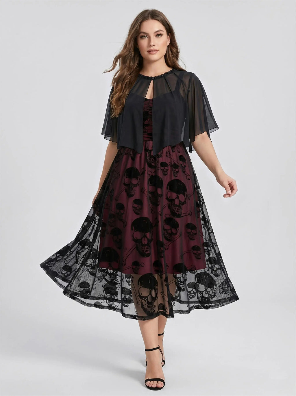 Plus Size Women's Casual Dresses Skull Flocking Mesh Ruched Tank Dress With Lace Trim Button Cover Cape