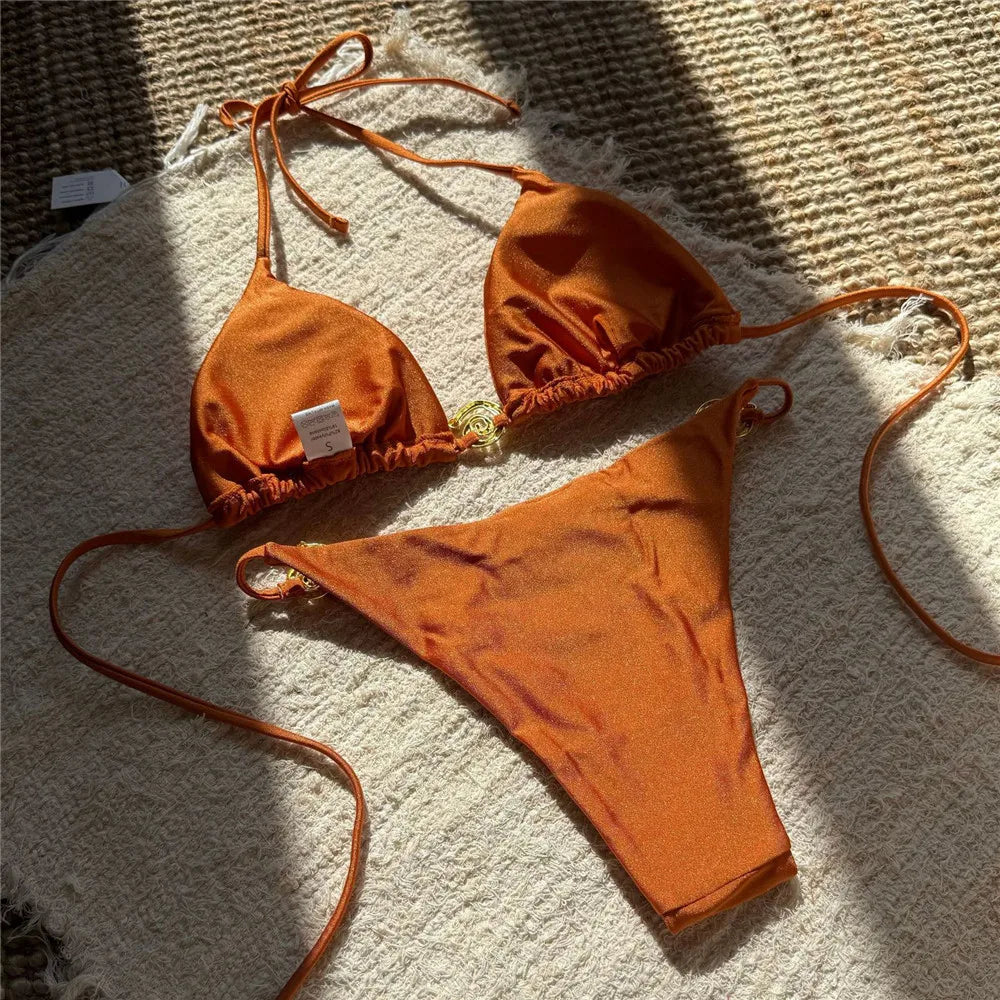 Solid Orange Swimwear Metal Ring String Halter Triangle Micro Bikini Thong Sexy Swimsuit Women 2026 Bathing Suit Bikinis Sets