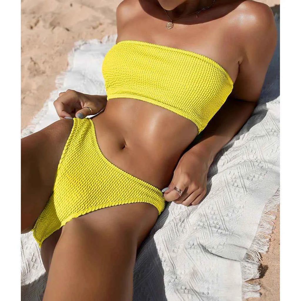 Bandeau Wrinkled Crinkled Bikini Female Swimsuit Women Swimwear Two-pieces Bikini set High Cut Bather Bathing Suit Swim V3314