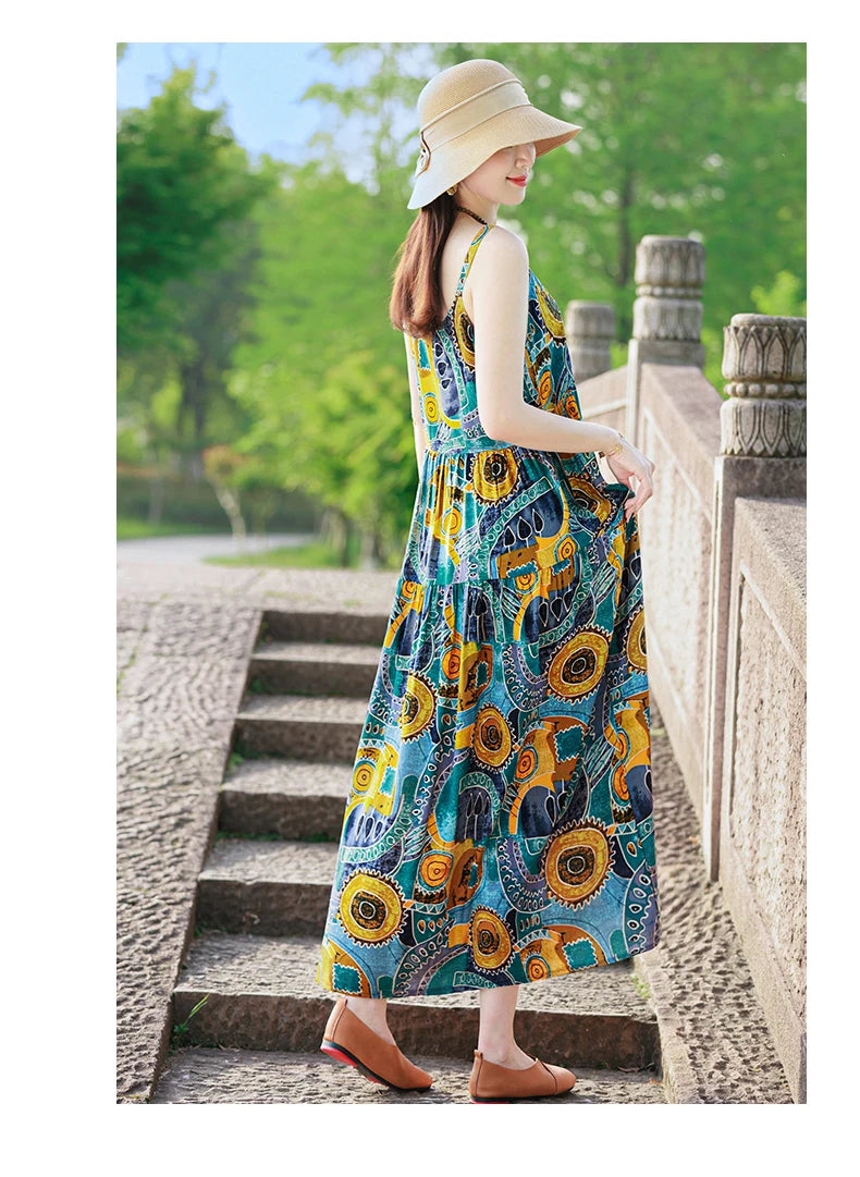 New Fashion Casual 2025 Summer Elegant Dresses For Women O-Neck Print Vintage Sleeveless Dress Loose Women Clothing