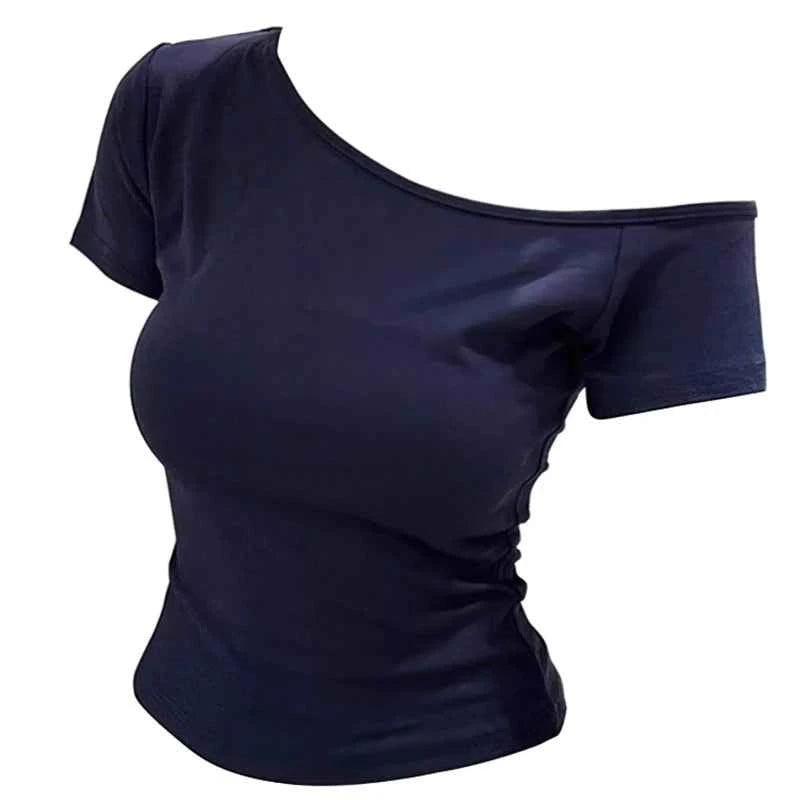 Summer Off shoulder Top Women Slim fit Body Summer  Short sleeve T shirt One shoulder Female Sexy Basic Tees Korean Chic