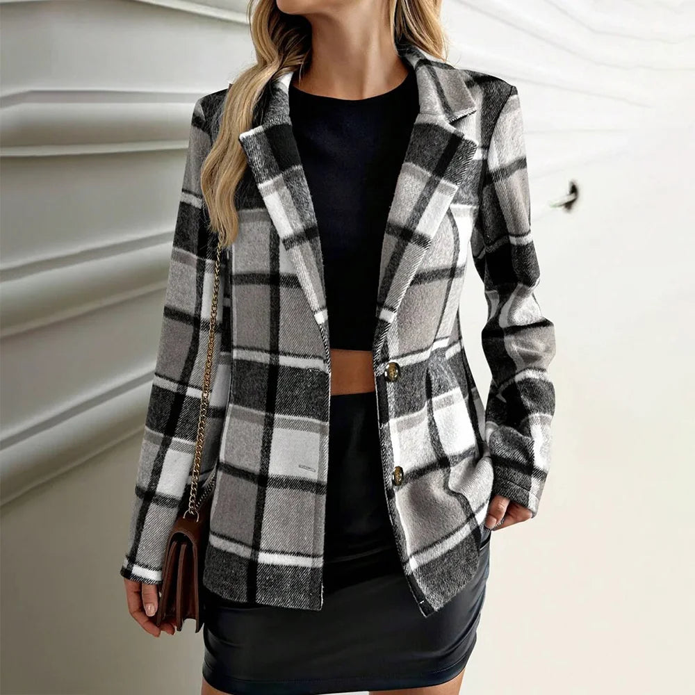 2026 Fall & Winter New Arrival Women's Plaid Blazer Retro Loose Slim-Fit Wool Blend Long Sleeve Casual Suit Jacket
