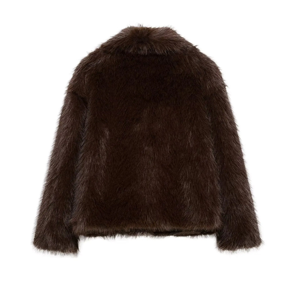 KONDALA Casual Brown Thick Fur Jackets Women Long Sleeve V Neck Autumn Winter Faux Fur Coats Fashion 2025 Streetwear Outwears