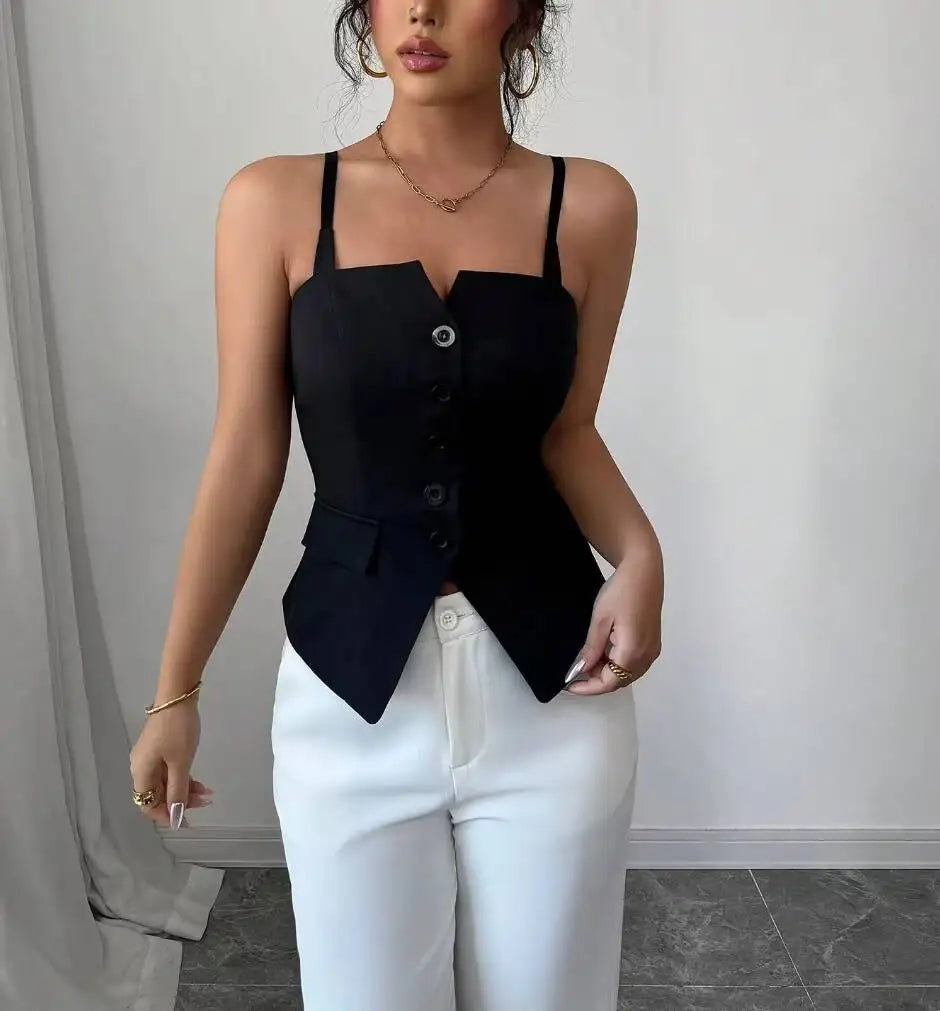 Women's Casual Tank Top Spring Summer Black Top Spaghetti Strap Sweetheart Neck Button Slim Fit Valentine's Day Elegant Sexy Top