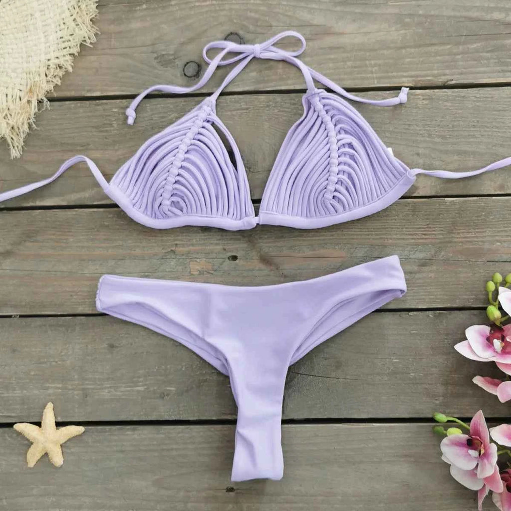2025 New Bandage Stripes Brazilian Bikini Swimwear Women's Swimsuit Two Piece Set Female Sexy Lace up Mujer Beachwear Summer
