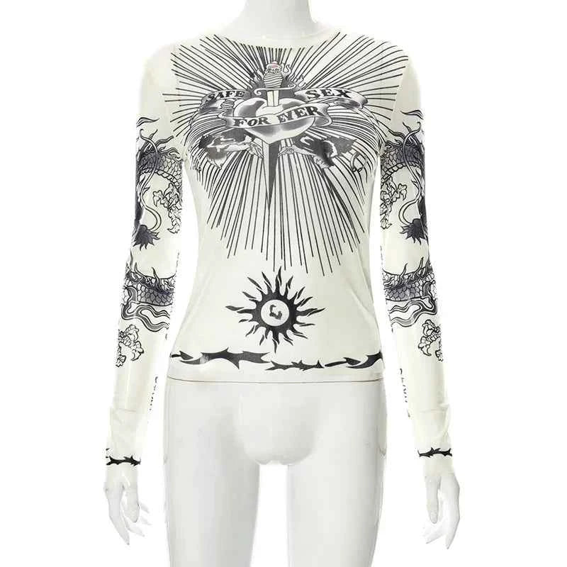 Y2k Aesthetic Punk Clothes Graphic Tees Women Gothic Fashion Full Sleeve Woman Tshirts See Through Streetwear Egirl Tops T Shirt