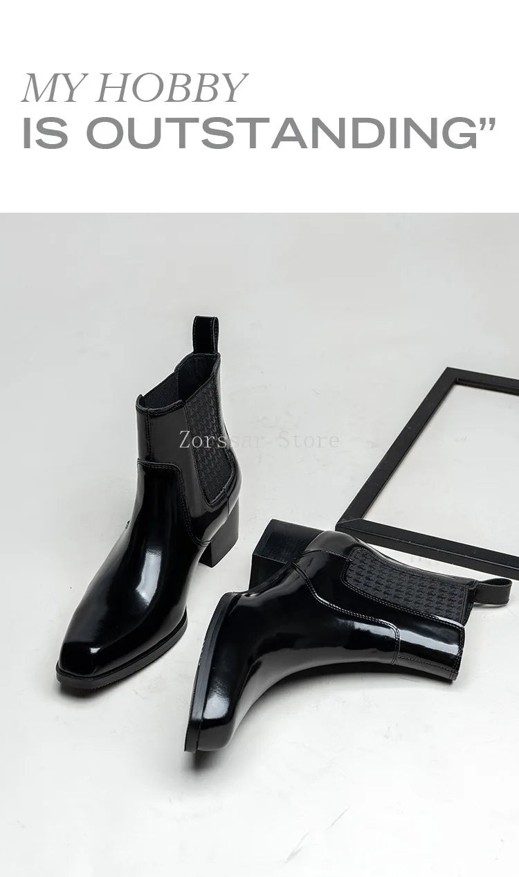 Autumn Winter New Mens 5 CM High Heels Warm Genuine Leather Ankle Boots Shoes Men Business Dress Work Boots Black Wedding Shoes