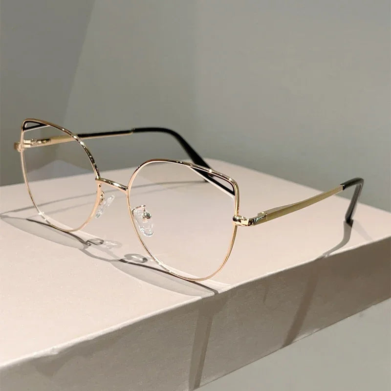 KAMMPT Oversized Cat Eye Glasses Women New Vintage Metal Rim Blue Light Blocking Eyeglasses Trendy Fashion Design Optical Frames